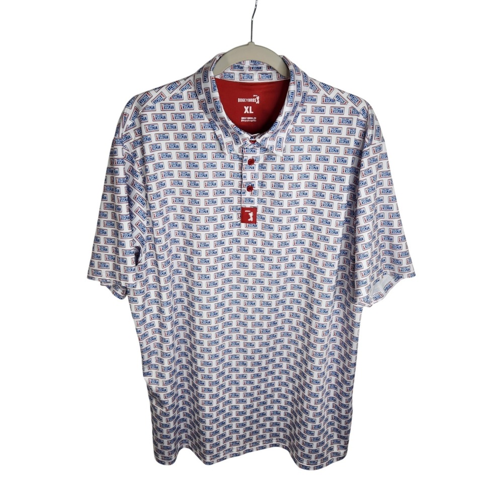 Bogey Bros Polo Men's XL White Assman NY License Plate AOP Golf Shirt Seinfeld